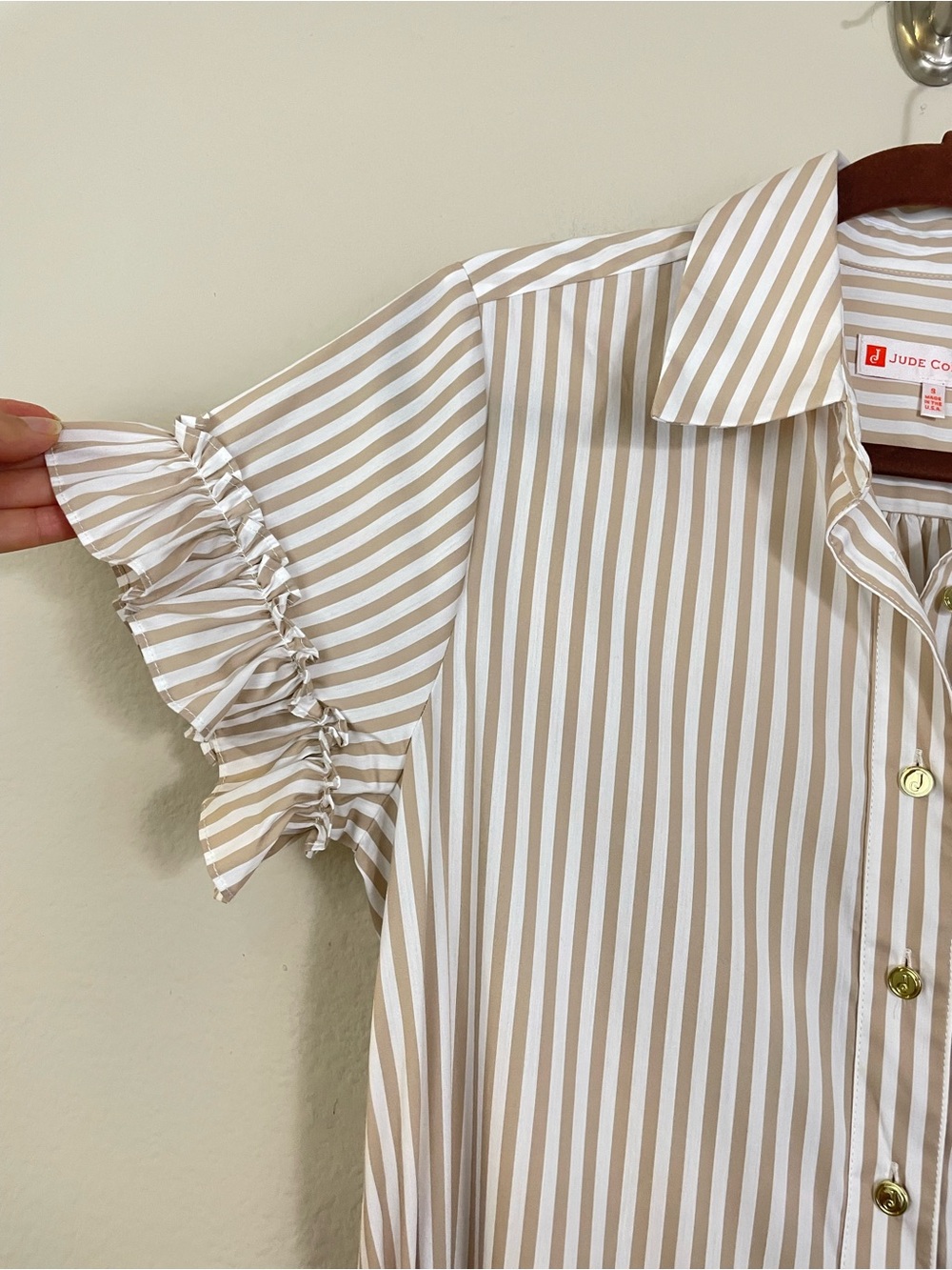 Jude Connally Striped Flutter Sleeves Button Up Tiered Midi Dress Tie Waist S - Picture 4 of 9
